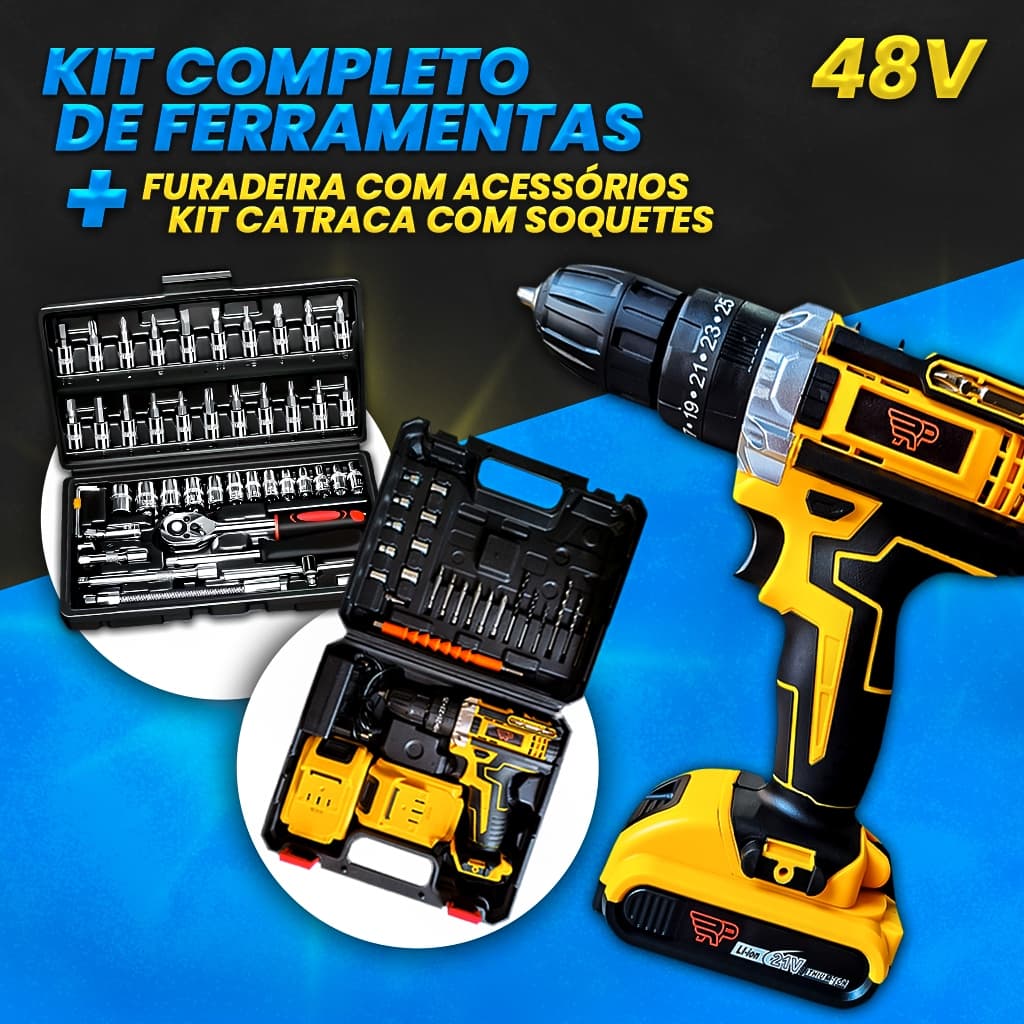 Kit Furadeira Parafusadeira 21V 2 Baterias + Jogo de Catraca 46 Peças 1/4 Soquetes Completo com Maleta