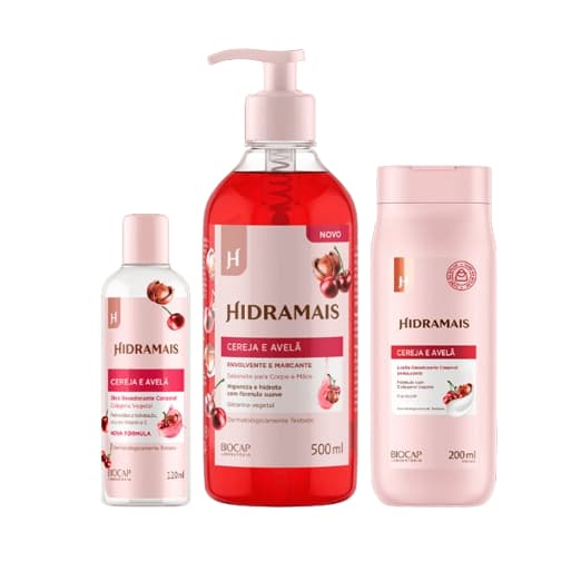 Hidramais Kit Cereja e Avelã Sabonete Liquido 500ML / Hidratante 500 ML e Óleo 120ML