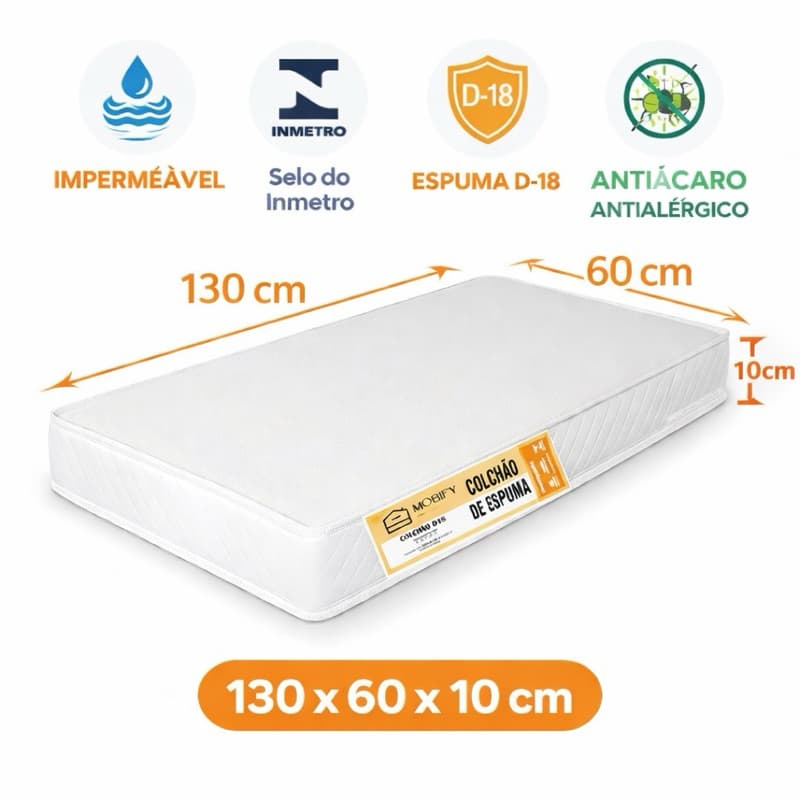 Colchão De Berço Impermeável 130x60x10 espuma D18