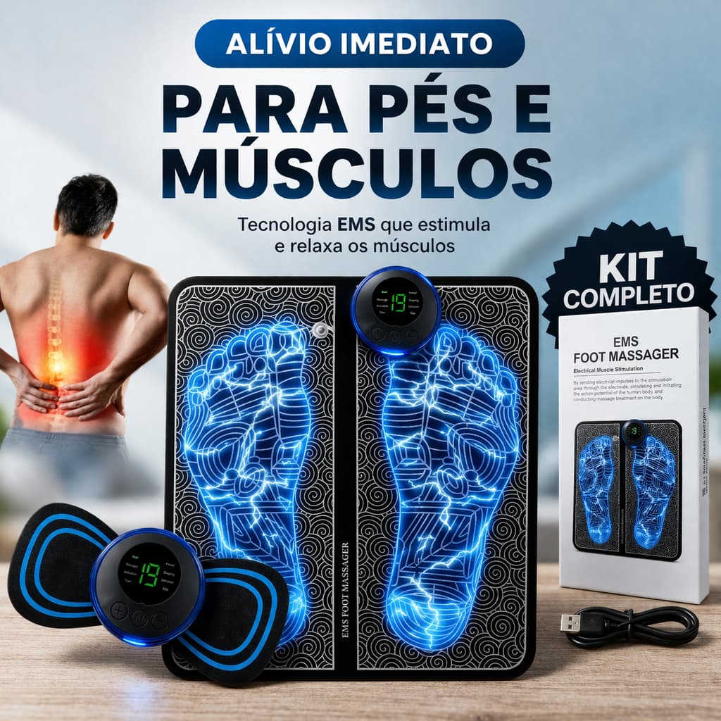 Massageador Elétrico para Pés EMS + Tapete Massageador Portátil USB 8 Modos 19 Intensidades Alívio Dor Muscular