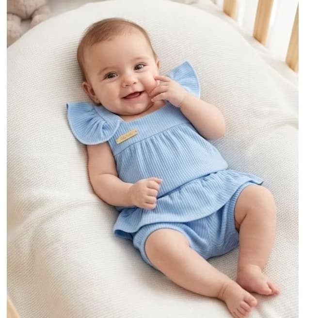 Conjunto 2 peças Bebê Menina Malha Canelada com Babado Roupa Infantil Verão RN 3 a 12 Meses enxoval Confortável Estiloso