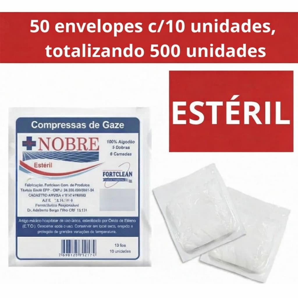 Kit 50 Envelopes Compressa Gaze Estéril 13 Fios Nobre c/ 10 unids. Cada Totalizando 500 unidades