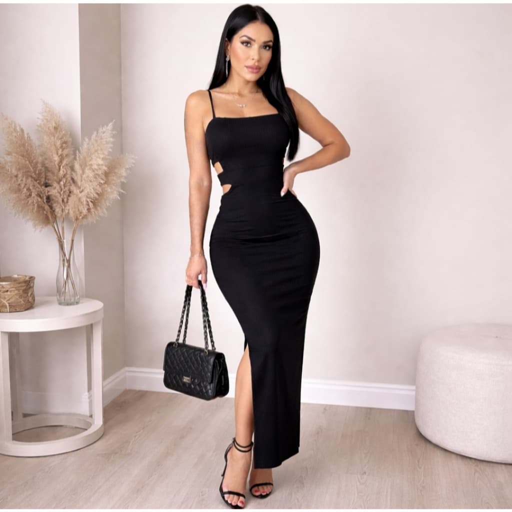 Vestido Feminino Canelado Longo de Alcinha Lascado Lançamento Verao Arraso