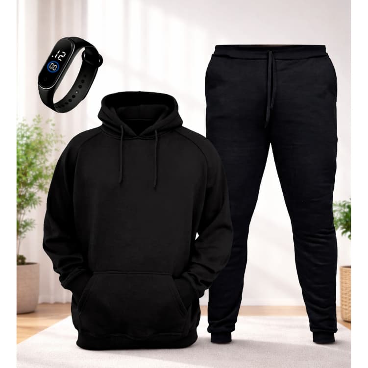 Kit Conjunto Moletom Canguru Bolso Capuz Calça Flanelada Jogger Relogio Inverno Unissex Frio