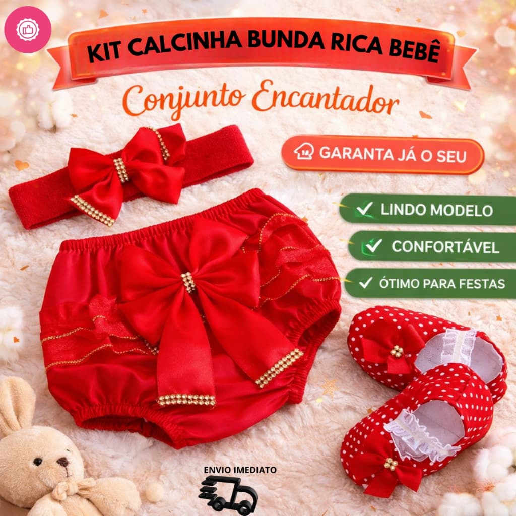Kit Calcinha Bebê Luxo 3 Peças Tapa Fralda Bunda Rica com Tiara e Sapato Confortável Look Completo