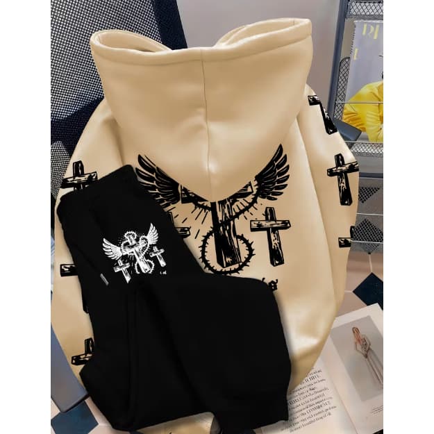 Conjunto Streetwear Cruz Moletom + Calça Estampa Angel Cross Premium