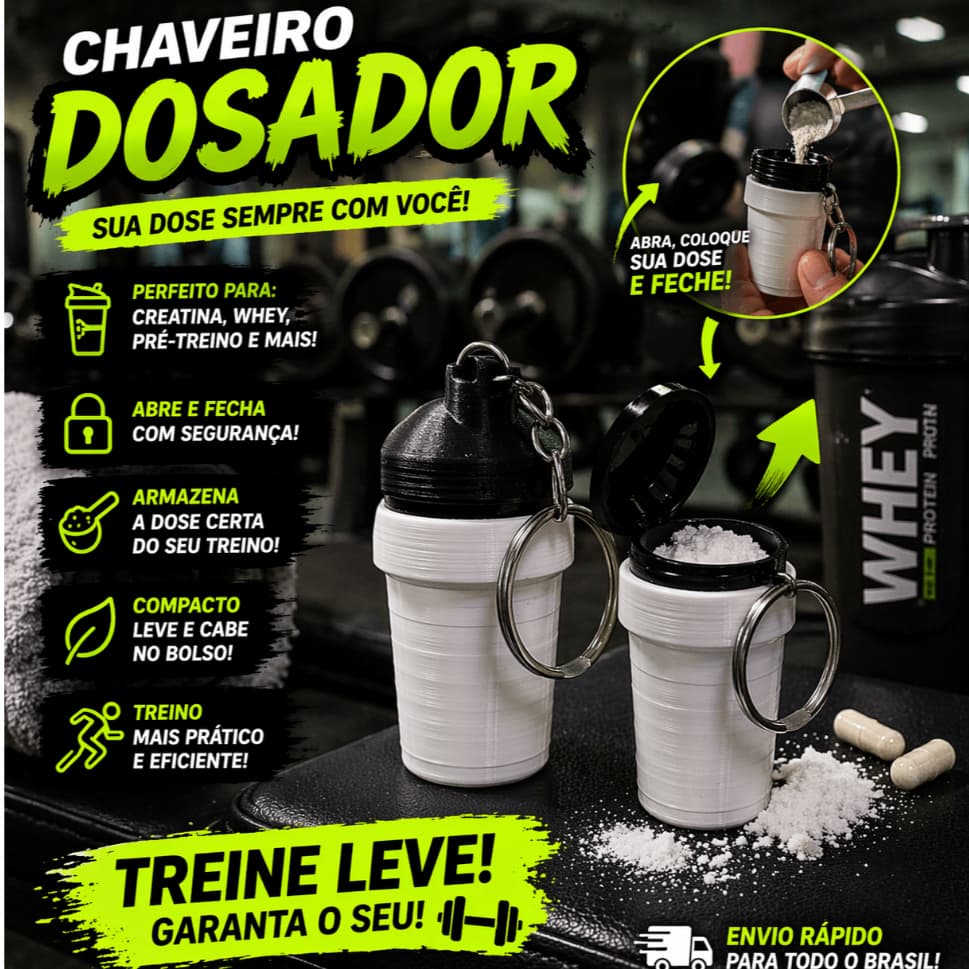 Chaveiro Dosador Creatina 6cm Portátil Mini Dosador Whey Pré Treino 3cm Compacto Academia Treino Suplemento