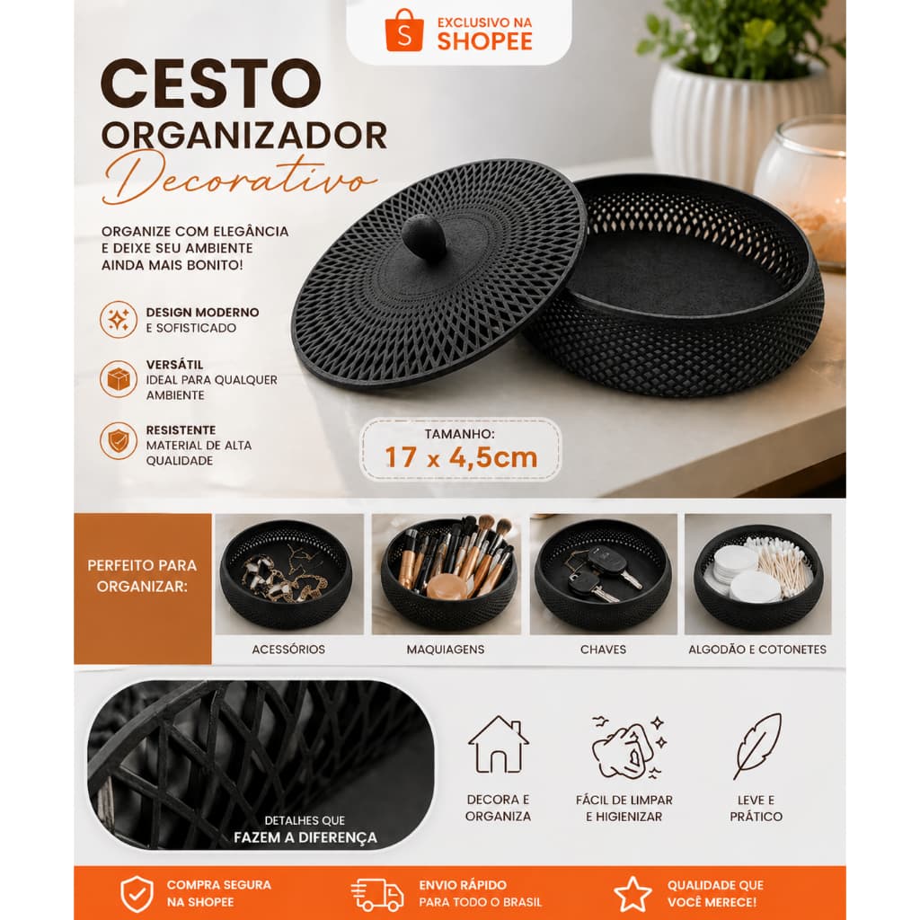 Centro de mesa, Cesto Organizador com Tampa Porta Objetos Multiuso Banheiro Maquiagem Joias Chaves Decorativo