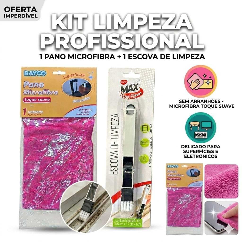 Kit Limpeza Profissional Pano Microfibra + Escova Multiuso Limpeza Secagem Rápida  Detalhada Carro, Cozinha, Louça.