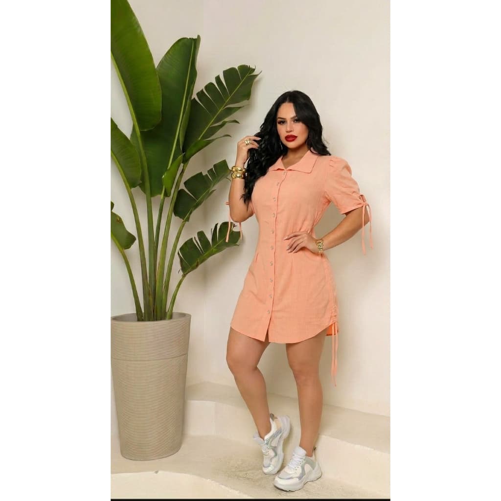 Vestido Chemise Camisa Com Ajuste Elástico nas Costas em viscolinho
