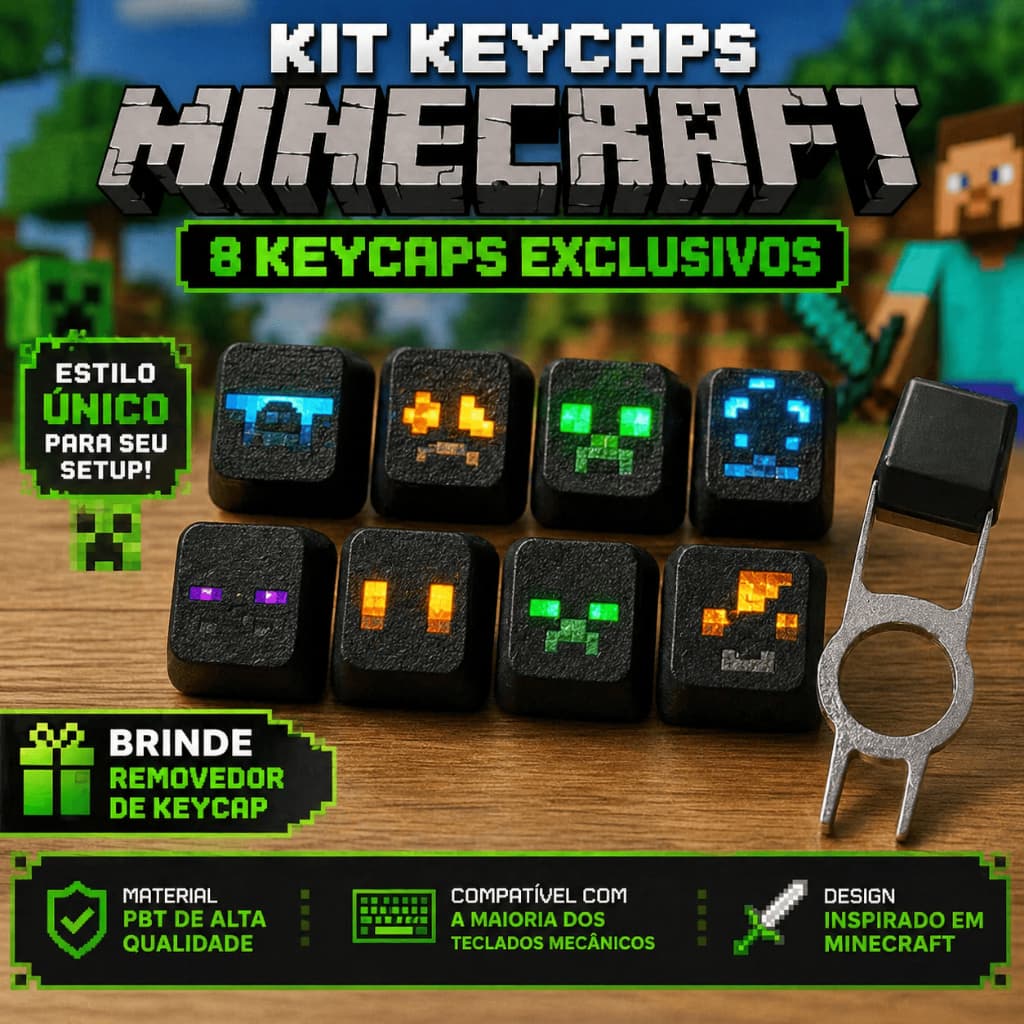 Kit Keycaps Minecraft RGB Gamer – Teclas Personalizadas para Teclado Mecânico + Removedor Grátis