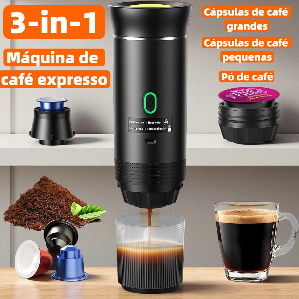 Máquina de Café Expresso Portátil 3 em 1 Elétrica Preta Cafeteira cápsulas ou Café Moído KF-JN-02