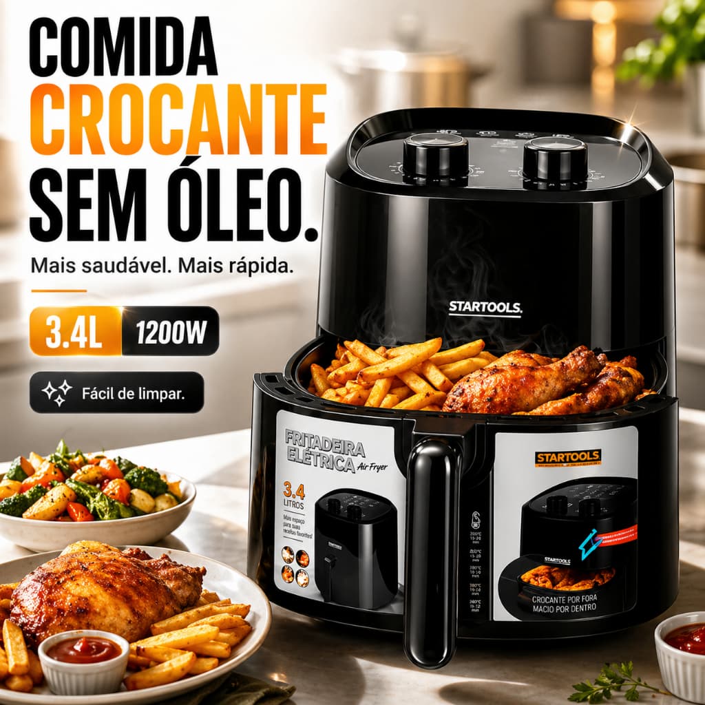 Air Fryer Sem Óleo 3.4L 1200W | Fritadeira Elétrica Saudável, Rápida e Econômica