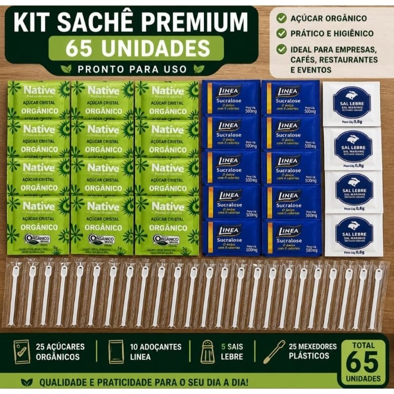 Kit Sachê Premium 65 Unidades Açúcar Orgânico Cantinho do Café/Chá Completo Delivery.