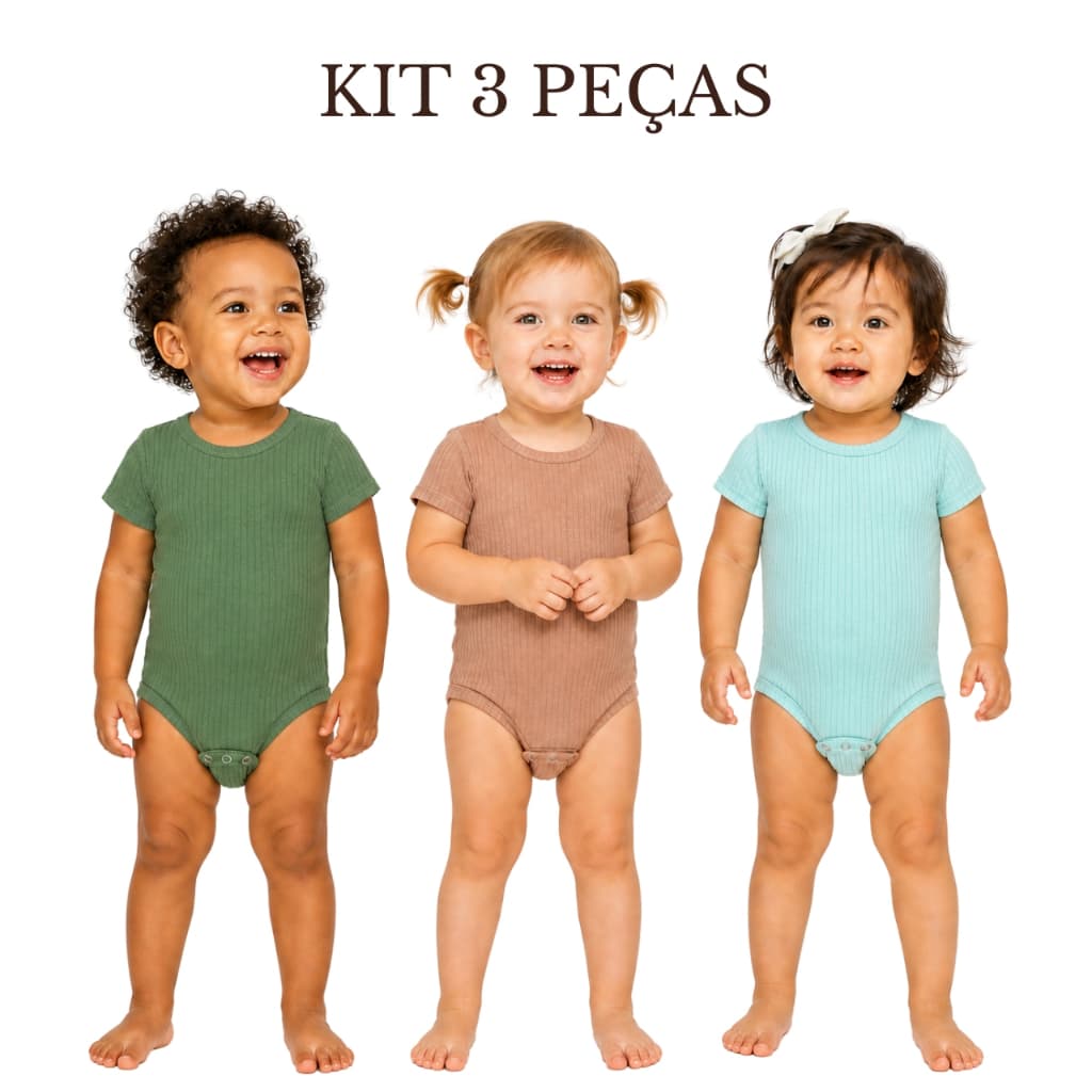 Kit 3 Peças Body Bebê Manga Curta Ribana Canelada Liso Unissex Básico Enxoval Verão