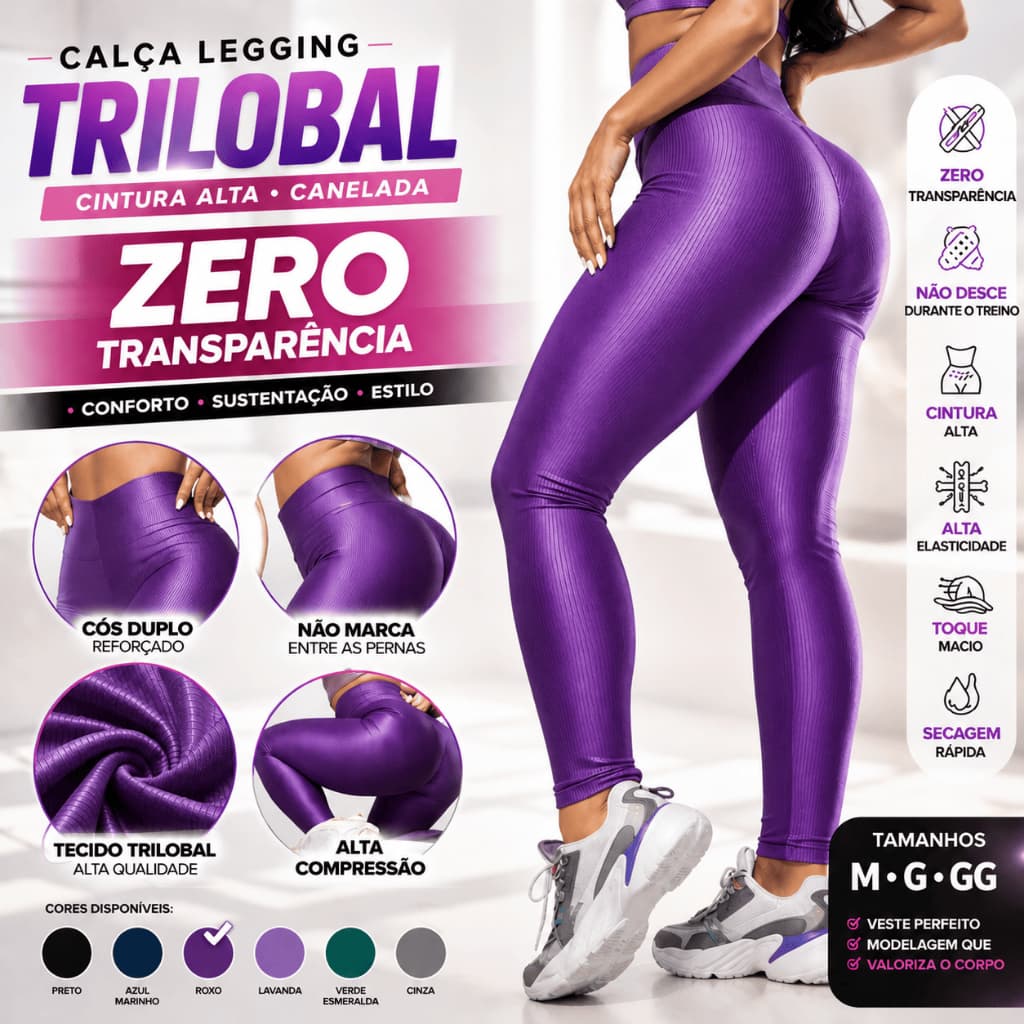 Calça Legging Fitness Feminina Cintura Alta Canelada Trilobal Academia Não Transparente