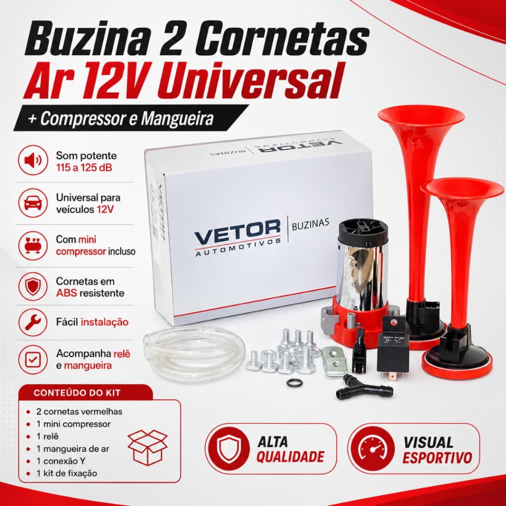 Buzina 2 Cornetas Ar 12v Universal + Compressor E Mangueira Carros Motos Caminhões Lanchas VT042