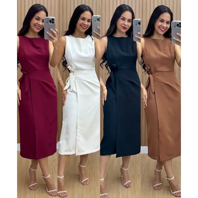 VESTIDO FEMININO ALFAIATARIA MÍDI COM AMARRAÇÃO LATERAL ELEGANTE