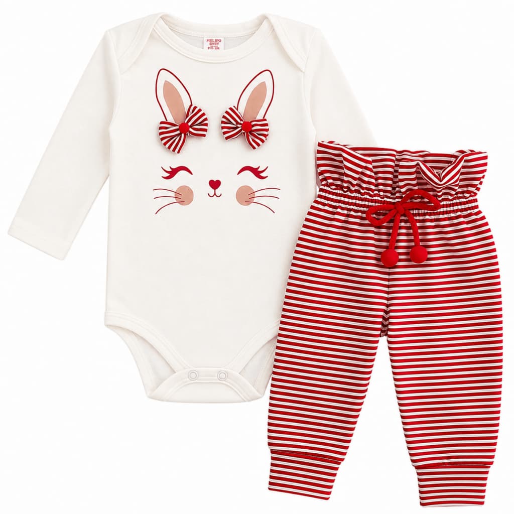 Conjunto Bebê Menina Body Manga Longa Coelhinha Com Laço Calça Mijão Listrada Luxo Premium Roupa Bebê Menina Inverno