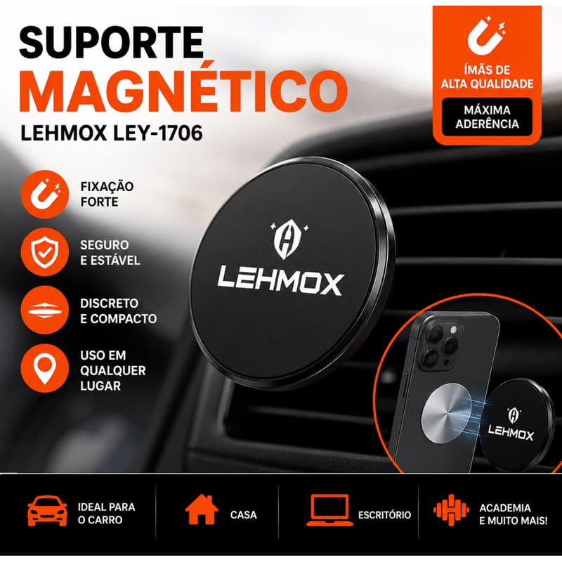 Suporte Magnético Veicular Imã Forte Painel Carro Universal Smartphone Celular GPS Compatível iPhone Samsung Xiaomi