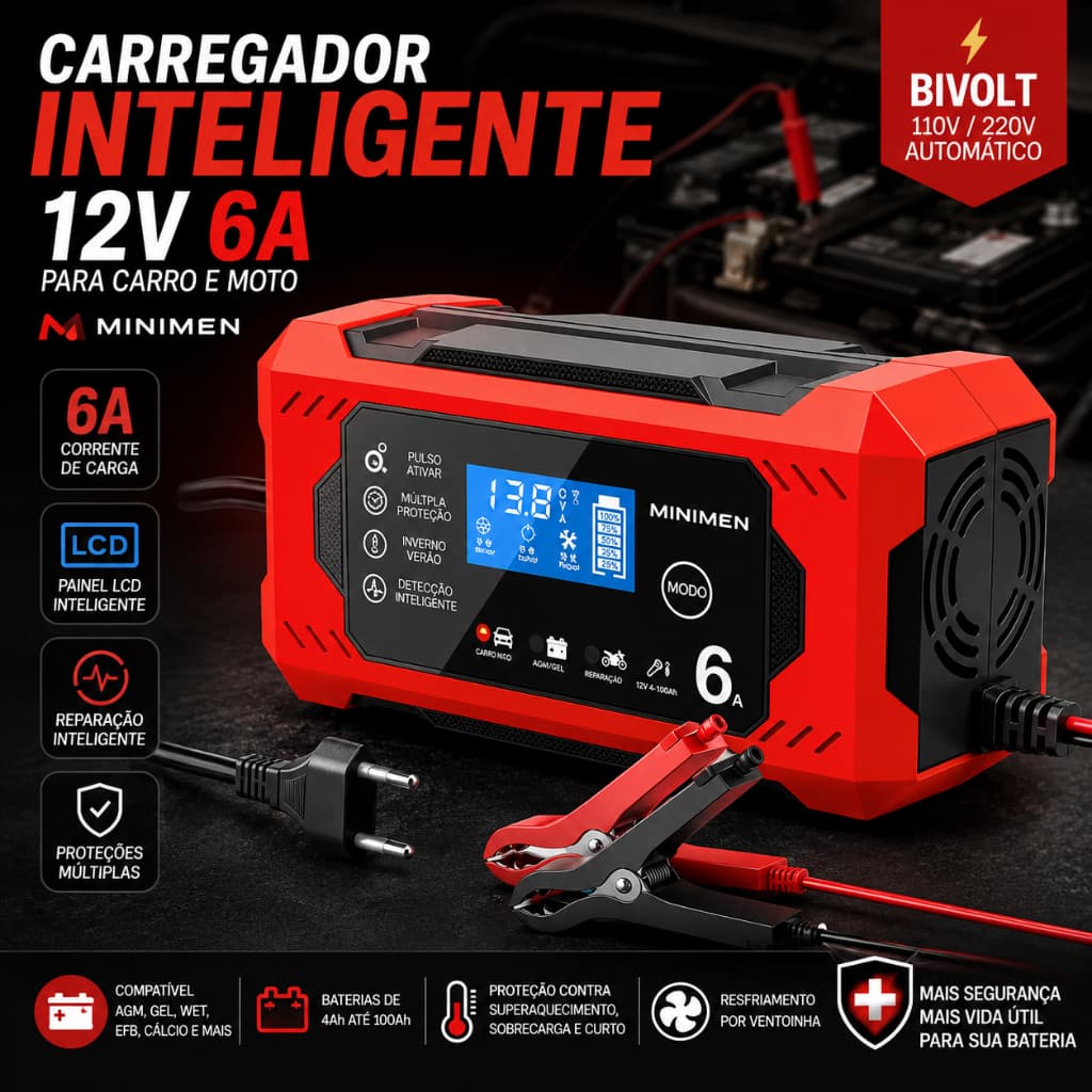 Carregador Bateria Inteligente Carro Moto Bivolt LCD Recuperação AGM GEL 12V 6A | 12V 2A