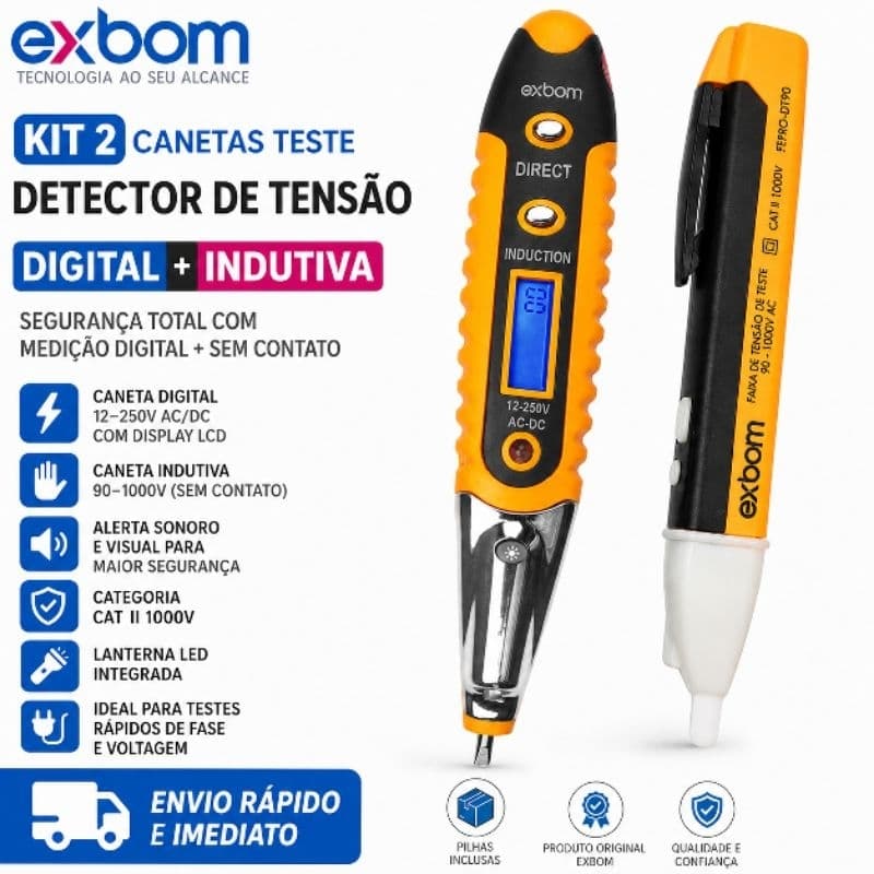 Kit 2 Caneta Teste Detector Tensão Digital CNTT-D10 e Indutiva FEPRO-DT90 90-1000V Bip LED Exbom