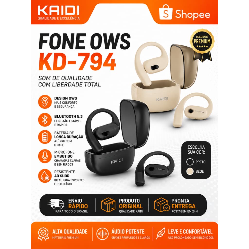 Fone Bluetooth OWS Kaidi KD-794 Sem Fio Bluetooth 5.3 Esportivo Preto/Bege