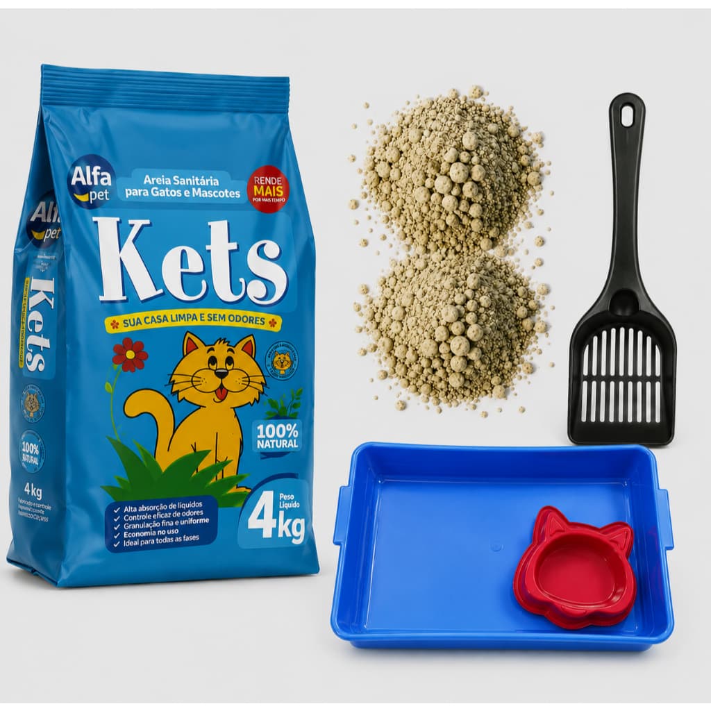 Areia Sanitária Alfa Pet 4kg Para Gatos Com Caixa de Areia e Pá Higiênica - Elimina Odores