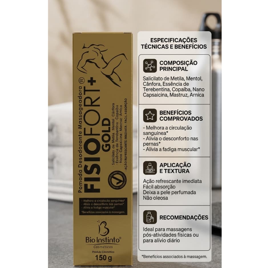 Pomada Massageadora FisioFort Gold+ 150g Bio Instinto | Alívio Muscular, Pernas Cansadas e Circulação
