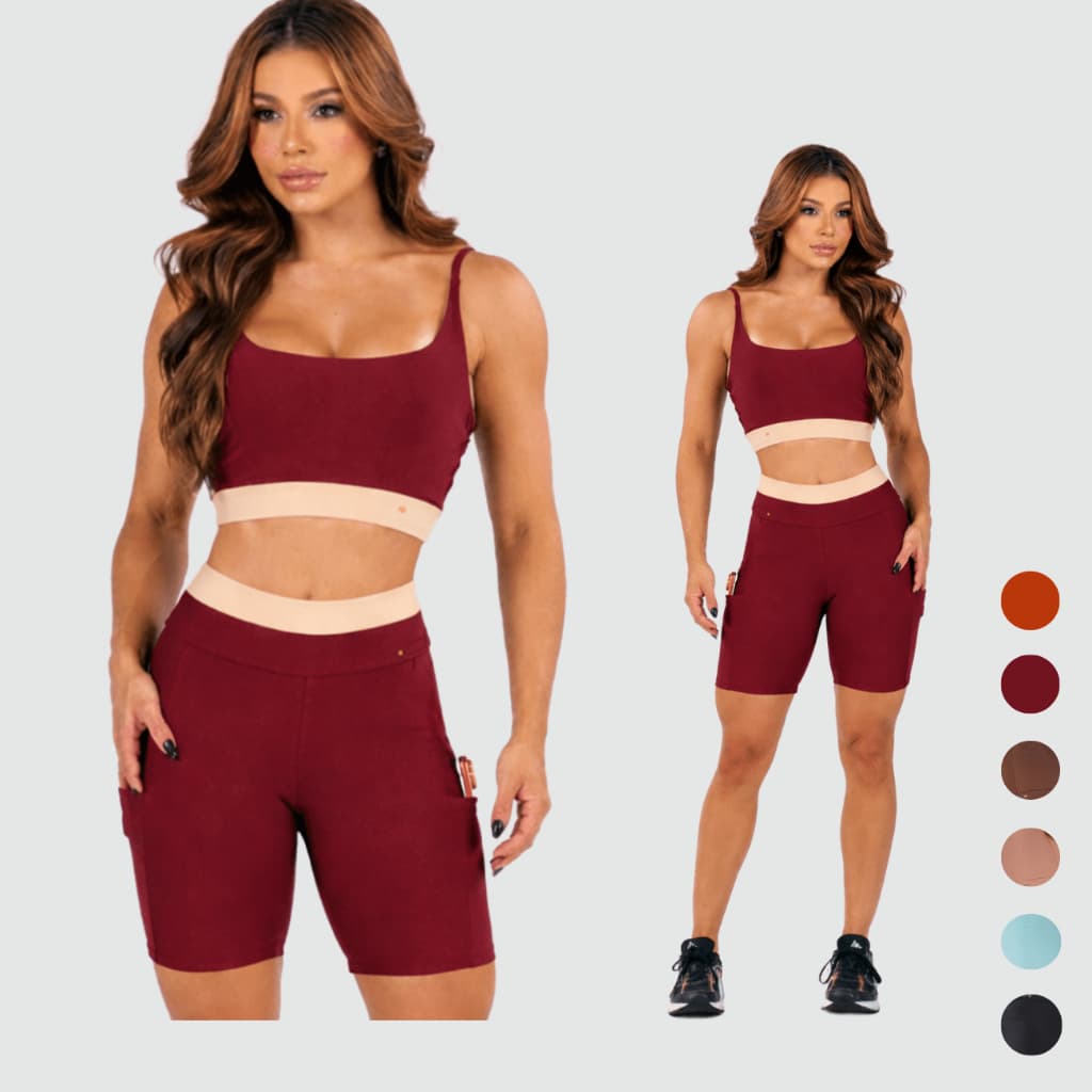 Roupa de Academia Feminina - Conjunto Fitness - Short Médio com Bolso +Top - Esporte, Corrida