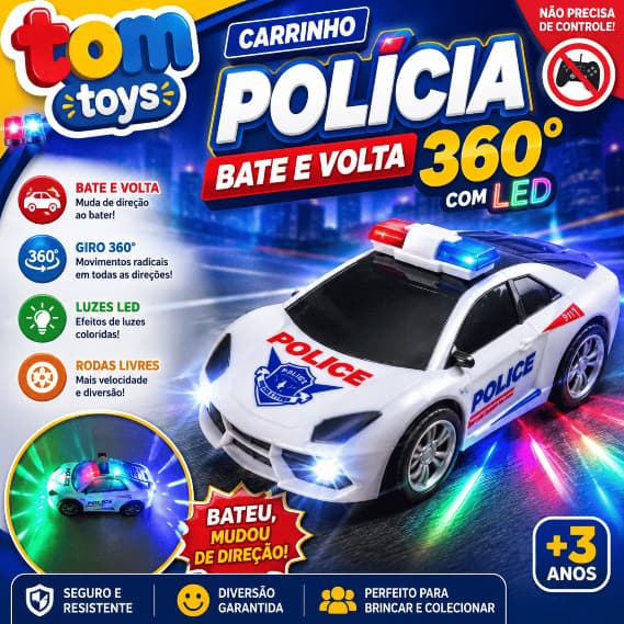 Carrinho Policia Infantil Menino Bate Volta Som Luz 3d  E Movimento 360°
