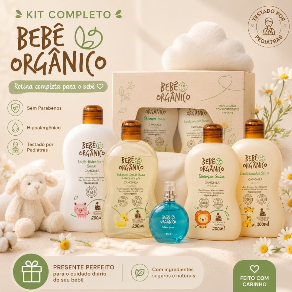 Kit Shampoo Condicionador Colônia Sem Álcool + Sabonete Líquido + Loção Hidratante Bebê Orgânico
