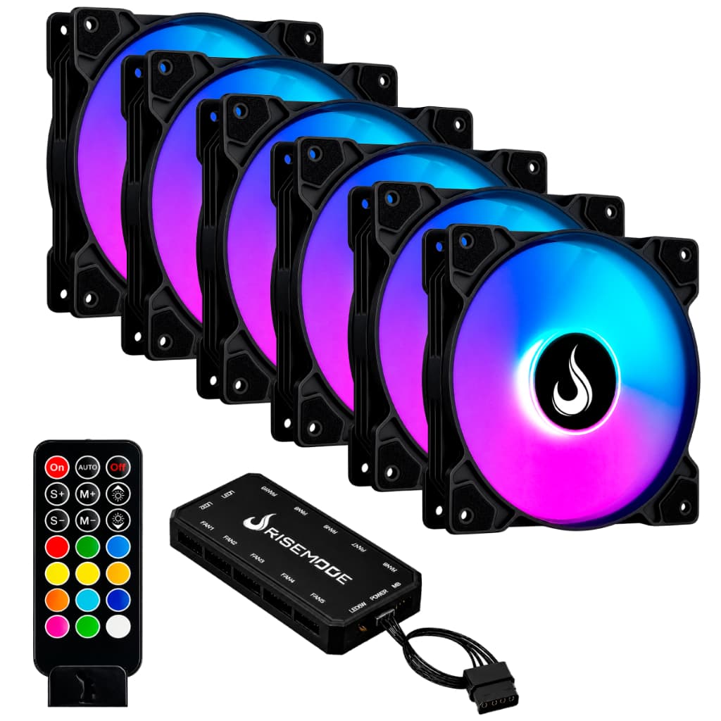 Kit 6 Fans Cooler Ventoinhas Pc Gamer Rise Mode Z Black Argb C/ Controladora Hub Preto
