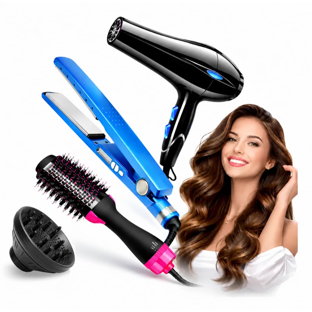 Kit Profissional 4 em 1 Para Cabelos Perfeitos – Chapinha Nano Titanium + Secador + Escova Rotativa + Difusor de Cachos