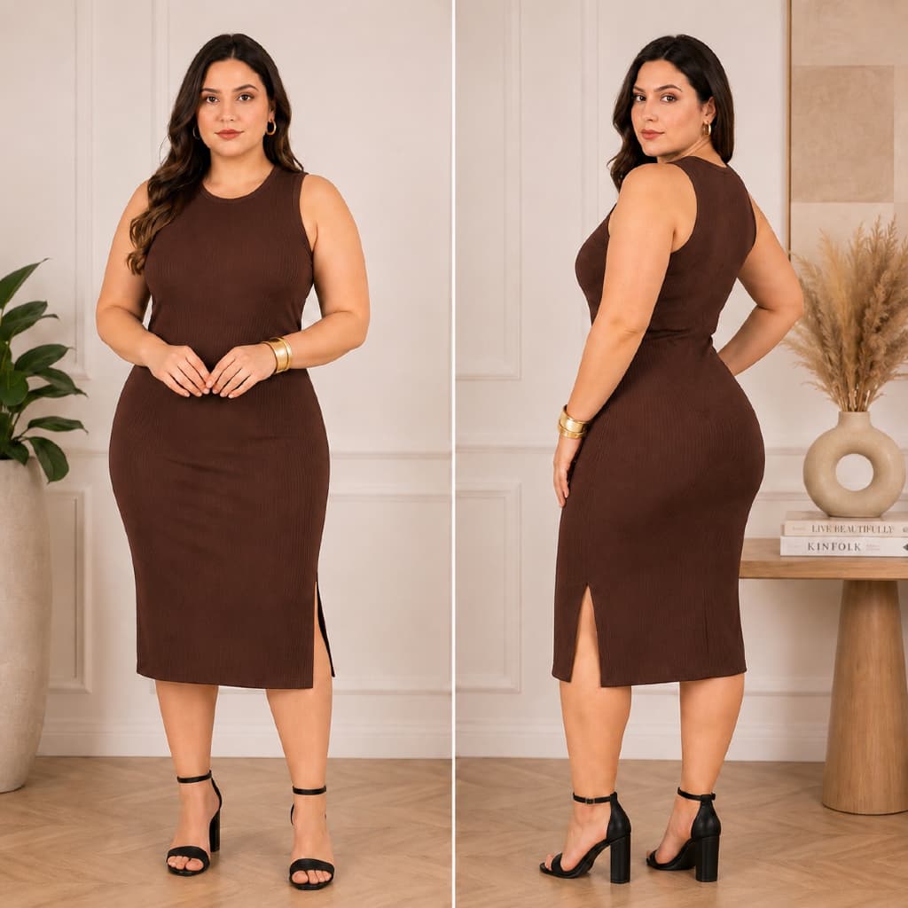 Vestido Feminino Regata com Fenda Lateral Canelado Midi