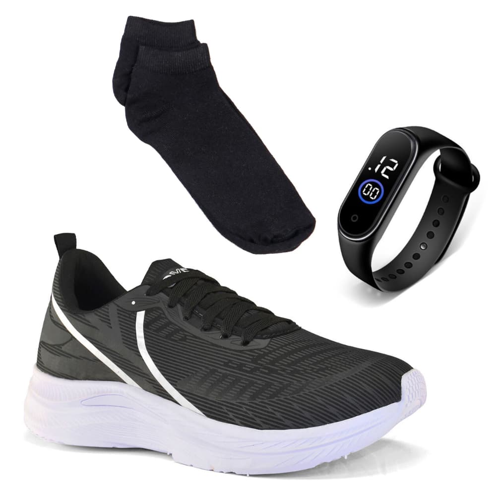 Tênis Masculino Leve Academia + Kit Relógio + Meia Academia Corrida Confortável Promoção