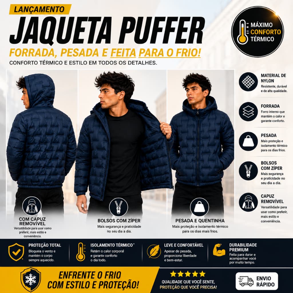 Jaqueta Bobojaco Bomber Masculina Nylon Pesado Forrada Térmica com Capuz Removível e Bolso com Ziper