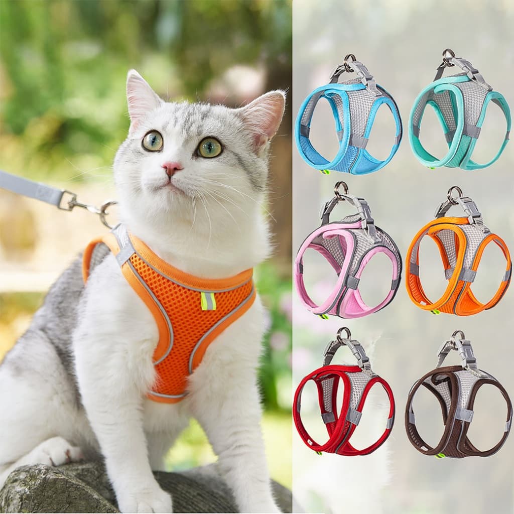 Coleira de Cachorro Gato Peitoral Trela Reflexivo Pectoral Pet Cães Colete Com Guia Malha de Náilon