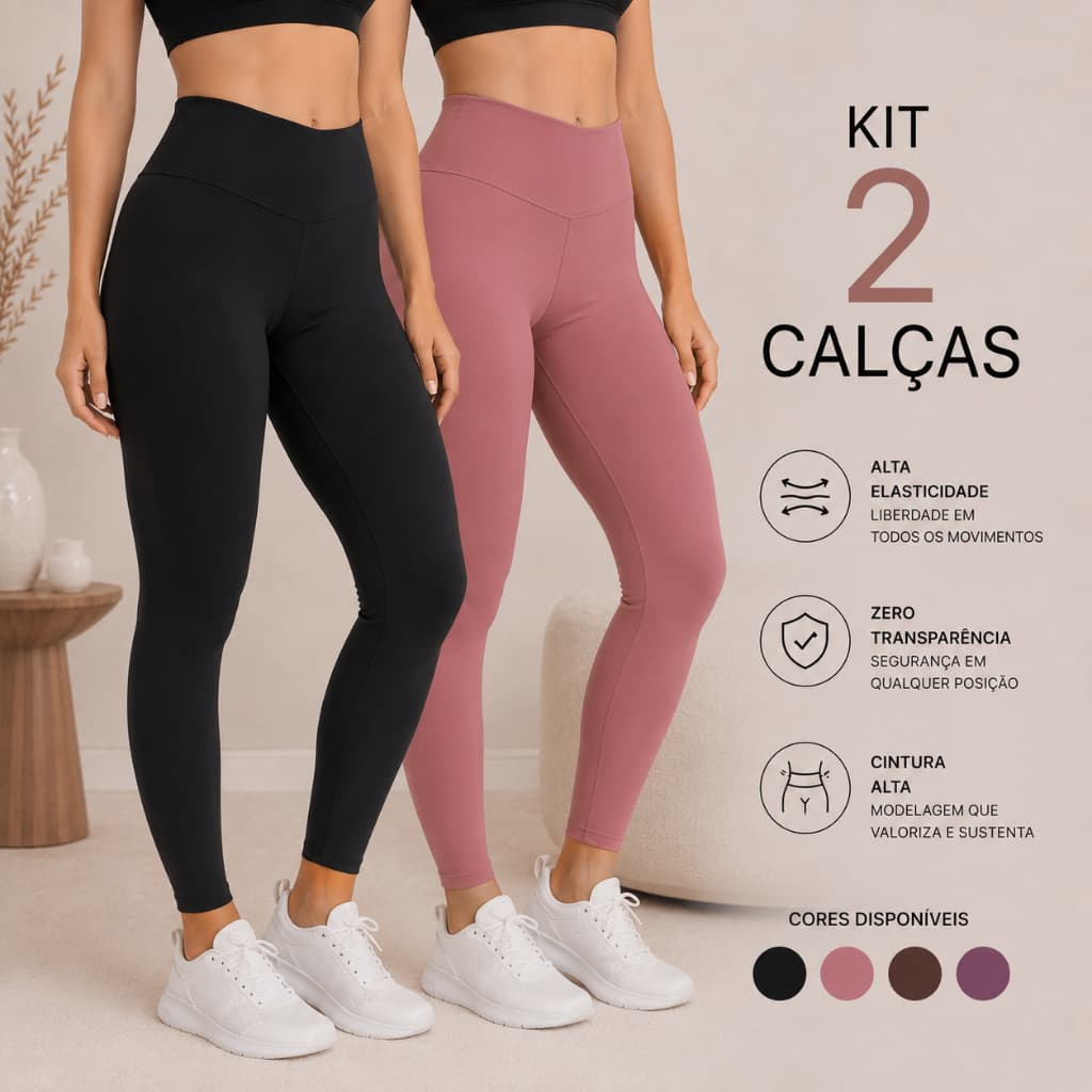 Kit 02 Calça Legging Feminina Cintura Alta Suplex Fitness Zero Transparencia