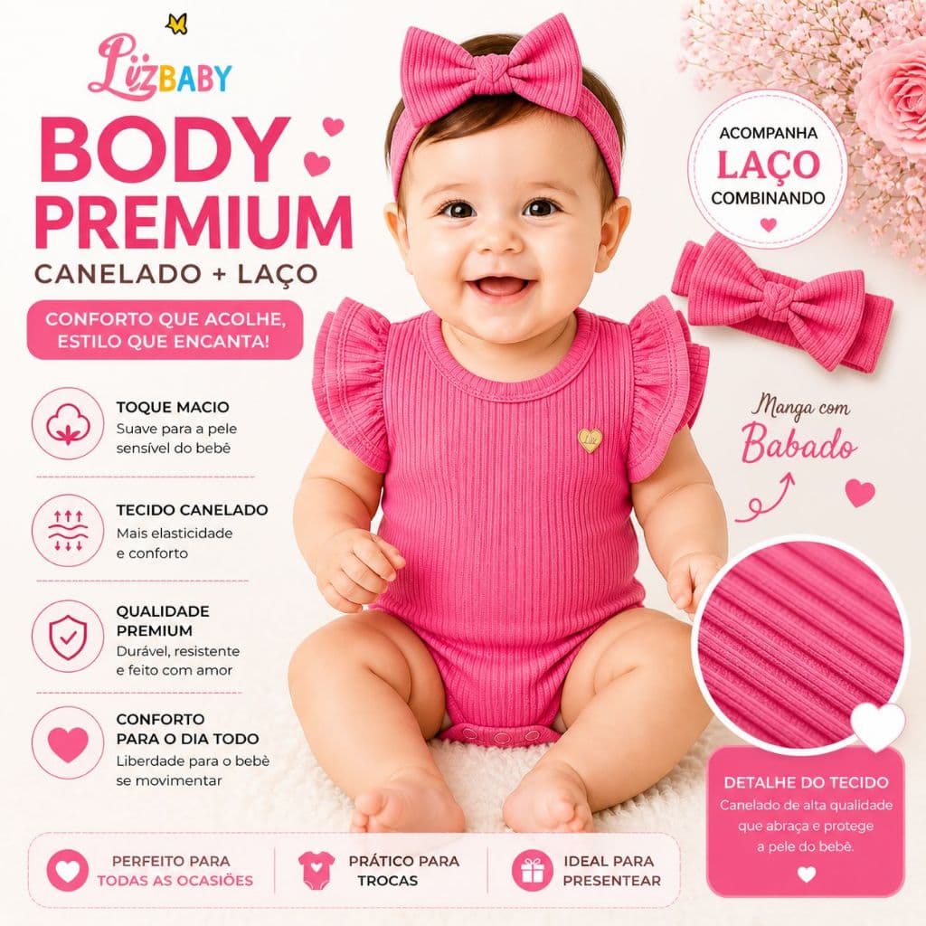 Body manga curta menina bebe babado na maga e laço