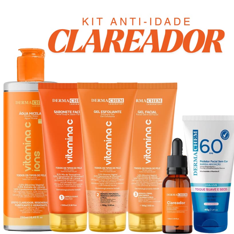 Kit Skin Care Facial Completo 6 Itens Vitamina C Dermachem Clareador Manchas Anti Idade com Protetor Solar