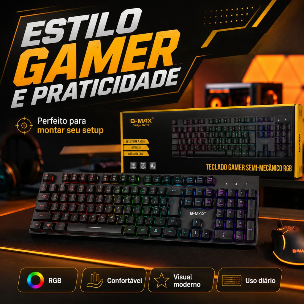 Teclado Gamer B-Max Semi Mecânico RGB USB Preto Anti-Ghosting LED Para PC Notebook