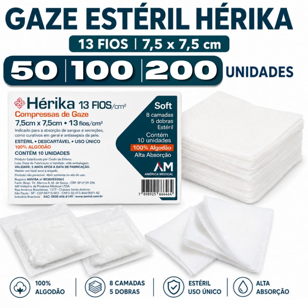 Kit 200/100/50 Un Compressa Gaze Estéril Hidrófila Hérika Cirúrgica Curativo Feridas 13 Fios 7,5cm