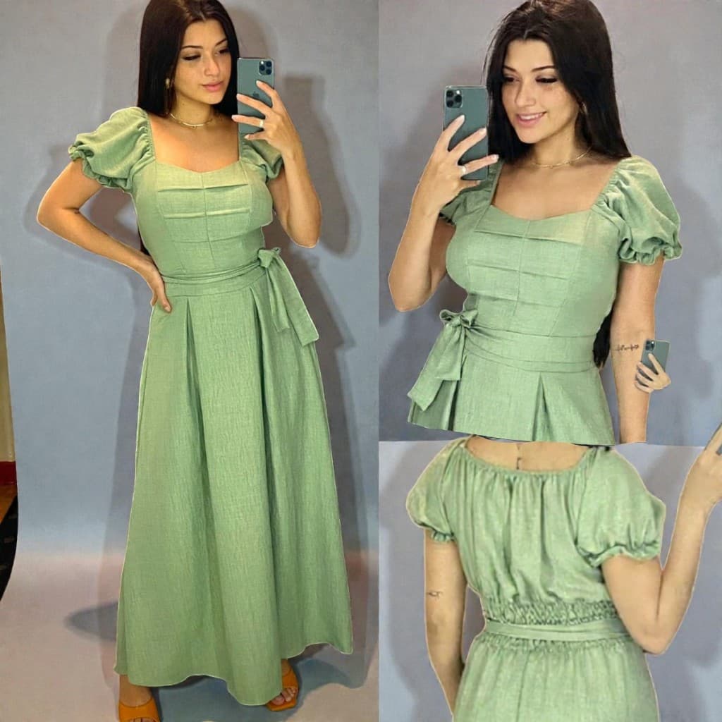 VESTIDO FEMININO LONGO PRINCESA MANGAS E CINTO NO DUNA LINHO MODA CASUAL ELEGANTE LUXO FESTA