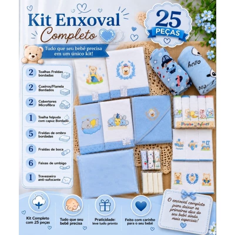 🏆 Kit Enxoval Luxo 25 Peças Bebê Menino Recém-Nascido – Fraldas Bordadas, Toalha com Capuz, Cueiro, Cobertor e Manta