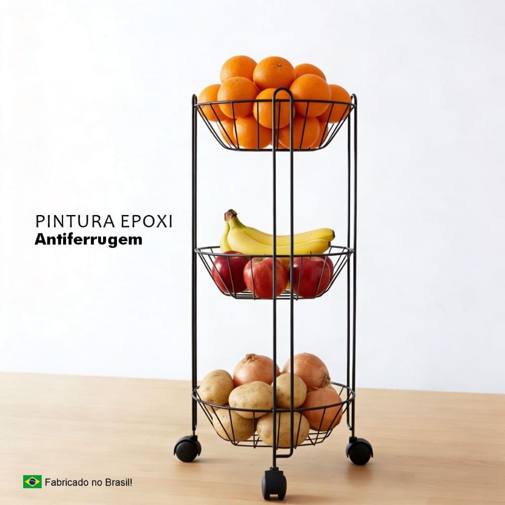 Fruteira De Chão Com 3 Cestas Organizadoras Multiuso Em Aço Resistente Moderna Espaçosa Prática Para Cozinha Frutas