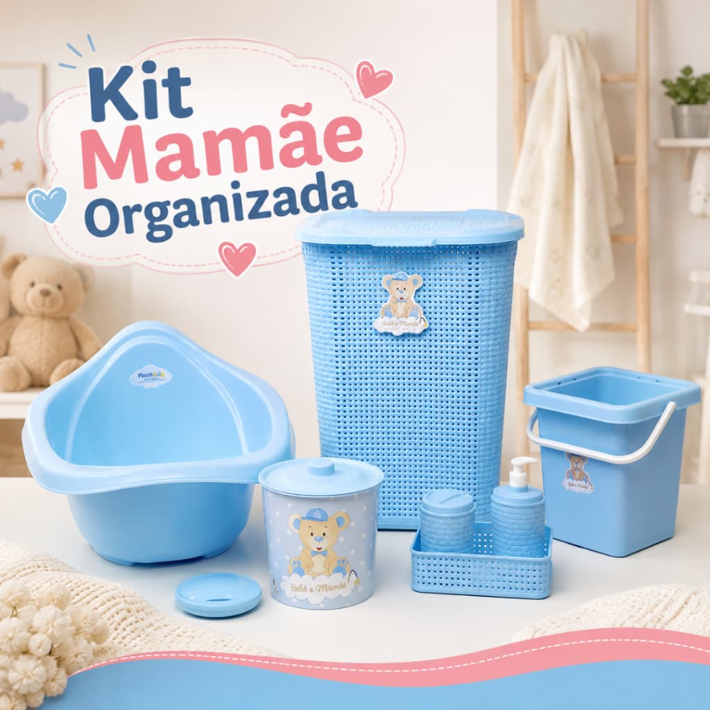Kit Mamãe Organizada Banheira Bebê 22L Plastibaby Cesto 30L Balde 7L Kit Higiene Saboneteira Lixeira