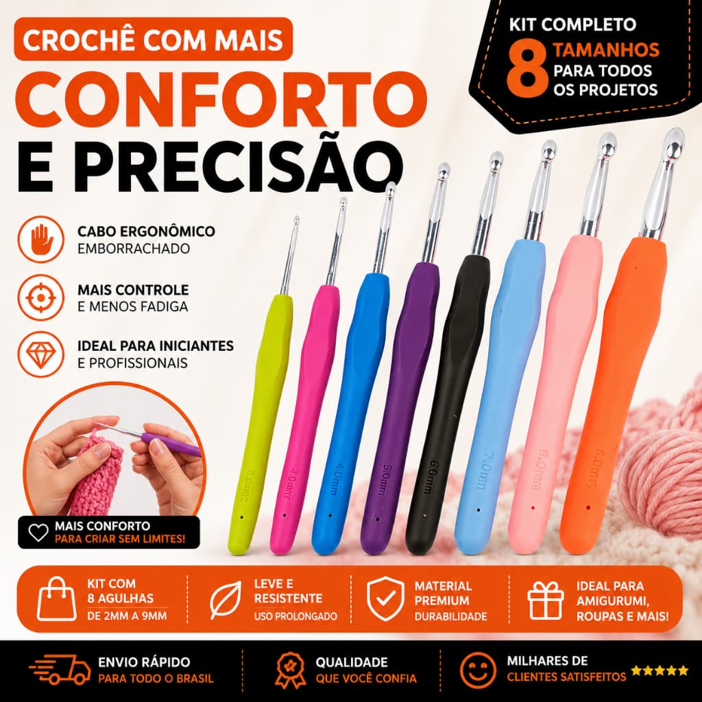 Kit Agulha Barbante Para Crochê Profissional C/8 Peças
