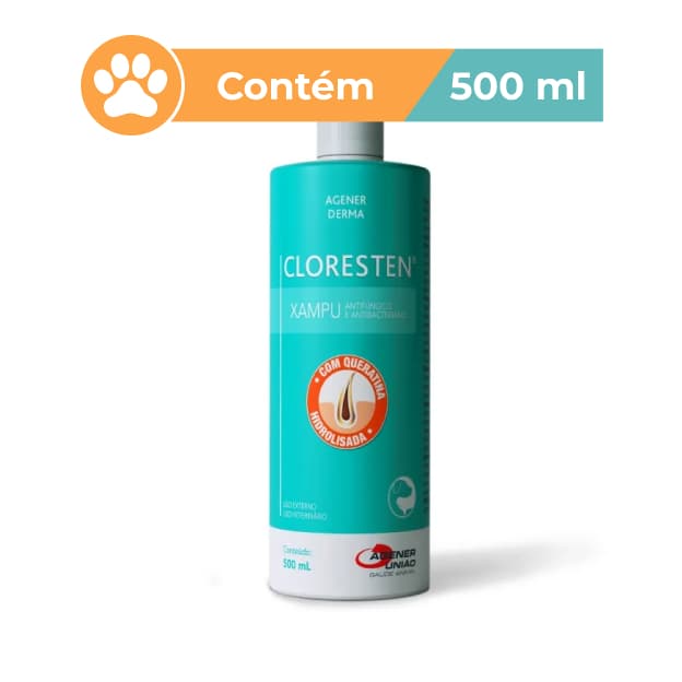 Shampoo Dermatológico Cloresten 500ml Agener União Antifúngico e Antibacteriano para Cães e Gatos - Receba em até 3hrs