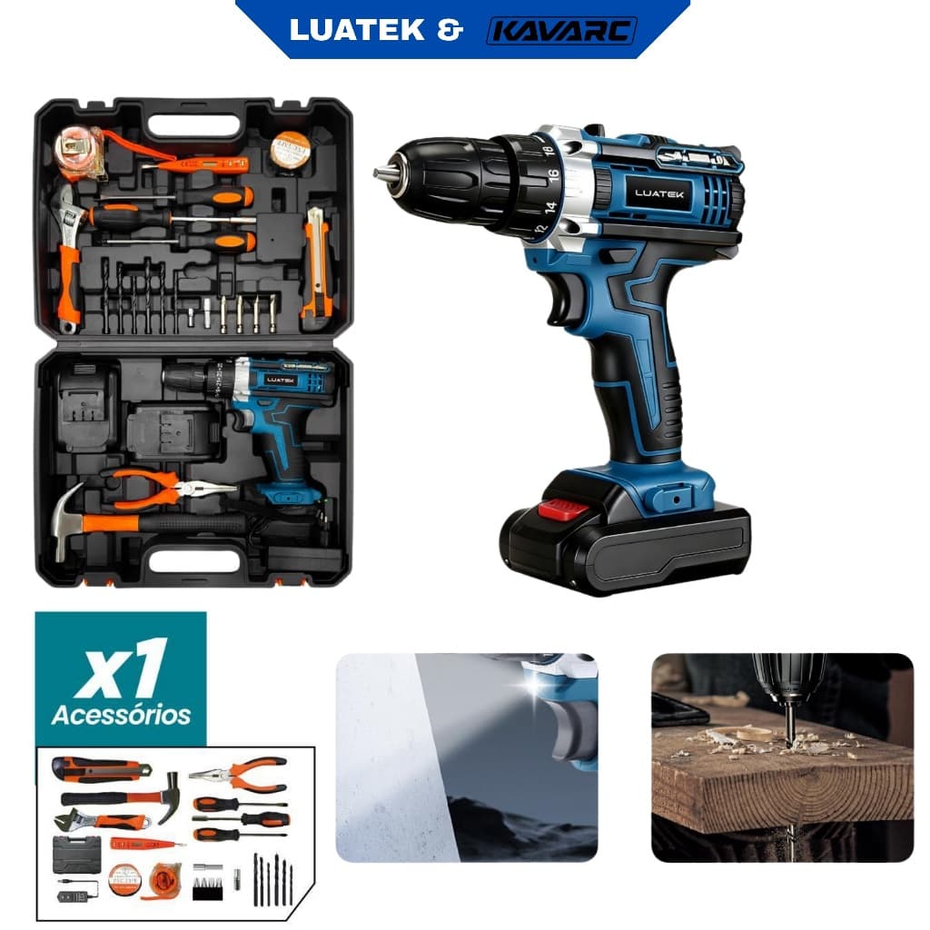 Kit Jogo de Ferramentas Completo Com Parafusadeira e Furadeira 21V Sem Fio Maleta Luatek
